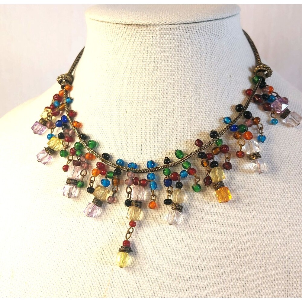 Glass Handmade Studio Vintage Bib Necklace Colored Beads Silver tone rope chain